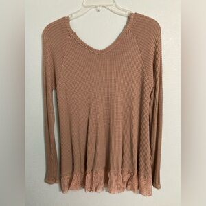 Vocal v-neck top tunic lace trim long sleeve dusty mauve sz L